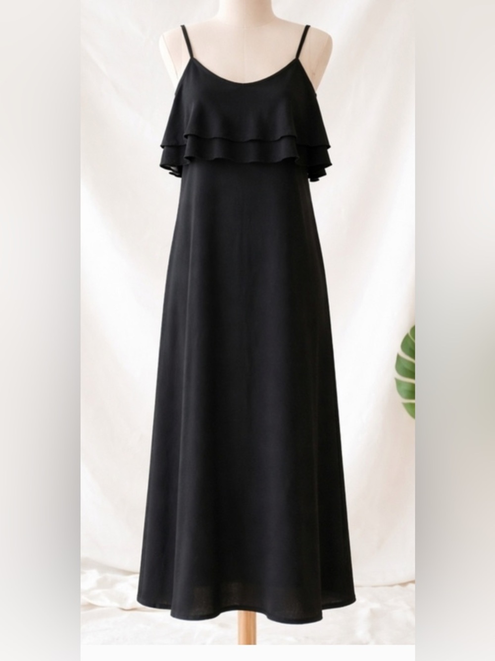 Casual Black Ruffle Maxi Dress with Pockets-L